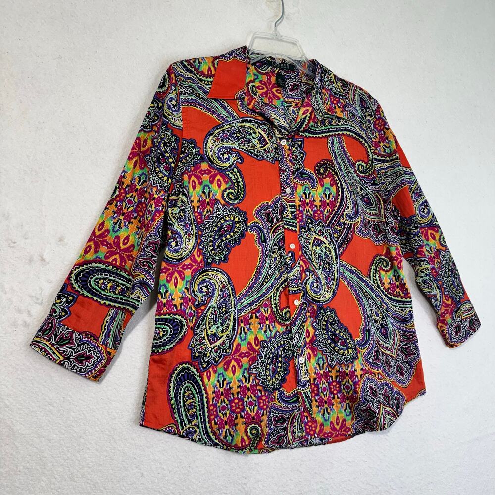 Ralph Lauren Vibrant Colorful Paisley Print Orange Button-Up Sateen Shirt Large - Picture 2 of 8